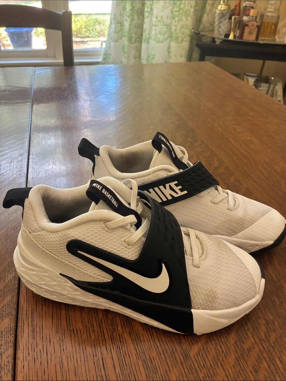 Nike Kids White and Black Basketball Strap Sneakers with Swoosh